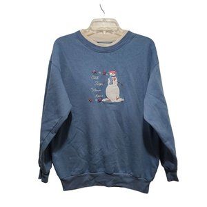 Vtg Womens Sweatshirt Snowman Medium Blue Button Accents Cold Twigs Warm Heart